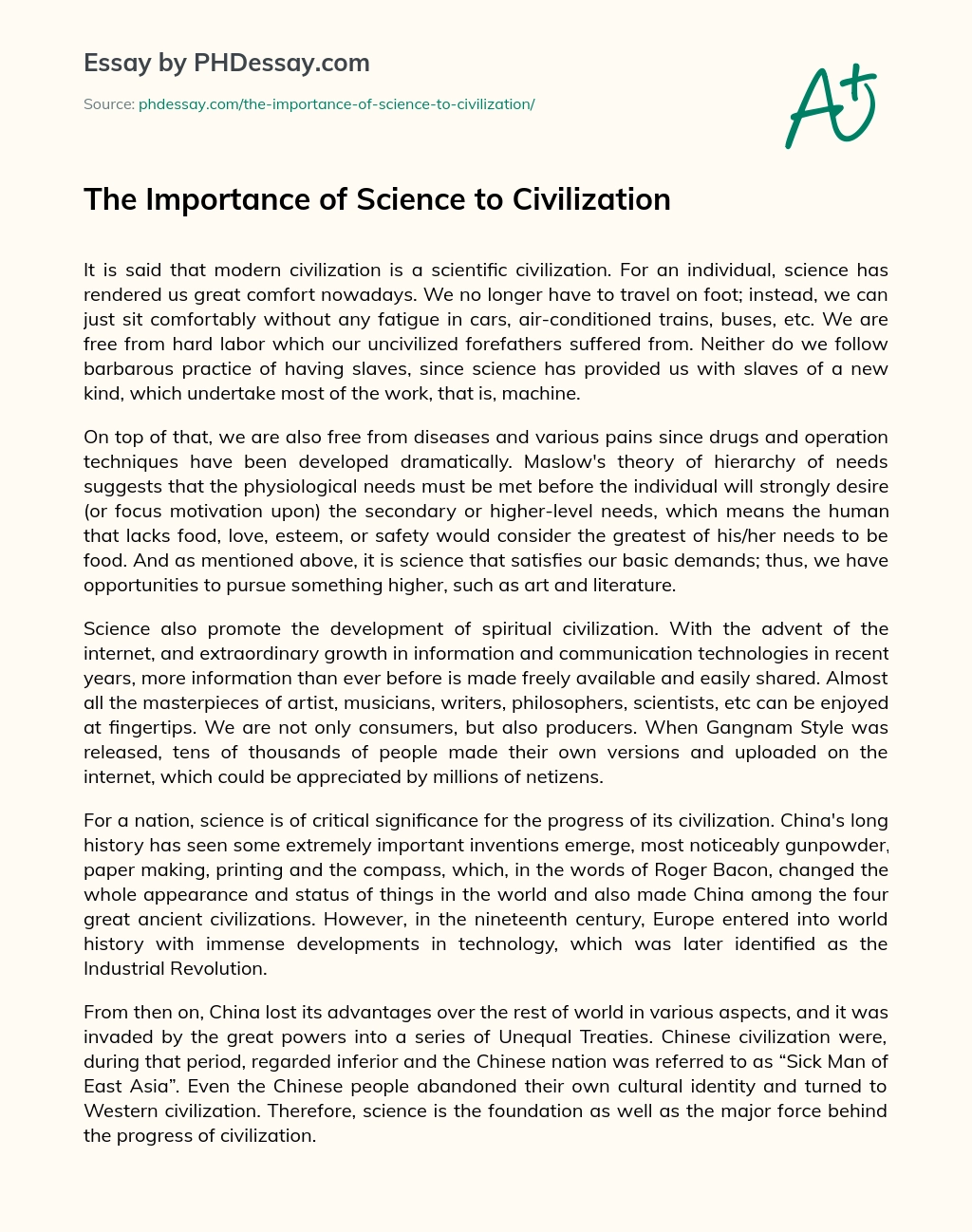 The Importance of Science to Civilization essay