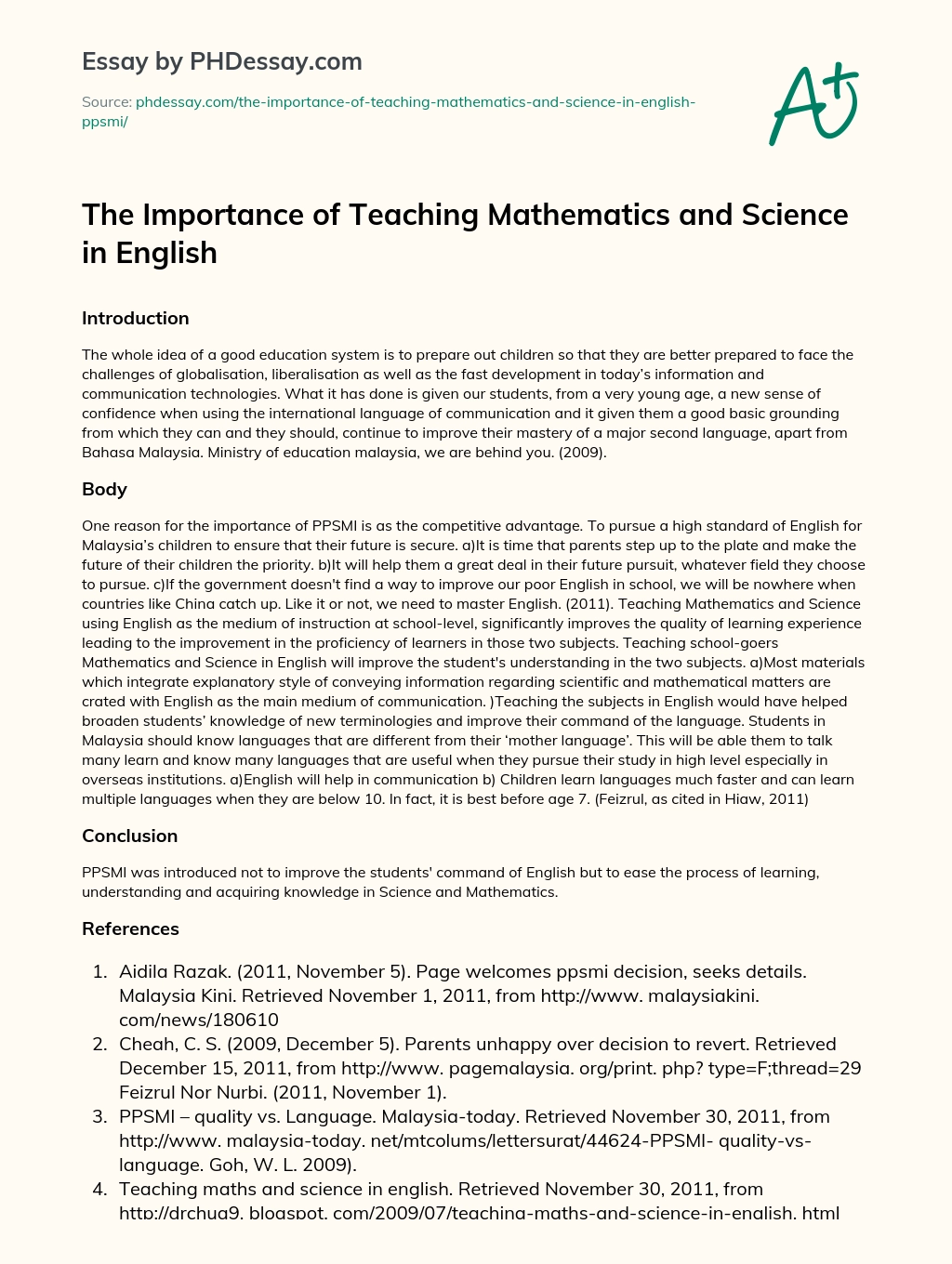 The Importance of Teaching Mathematics and Science in English essay