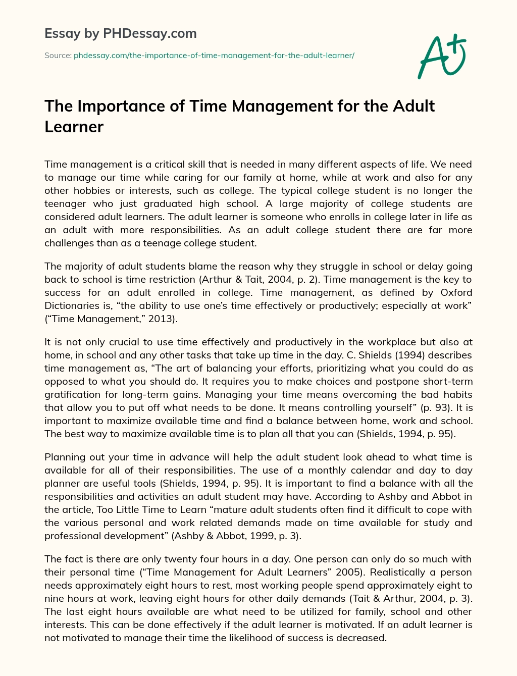 The Importance of Time Management for the Adult Learner essay