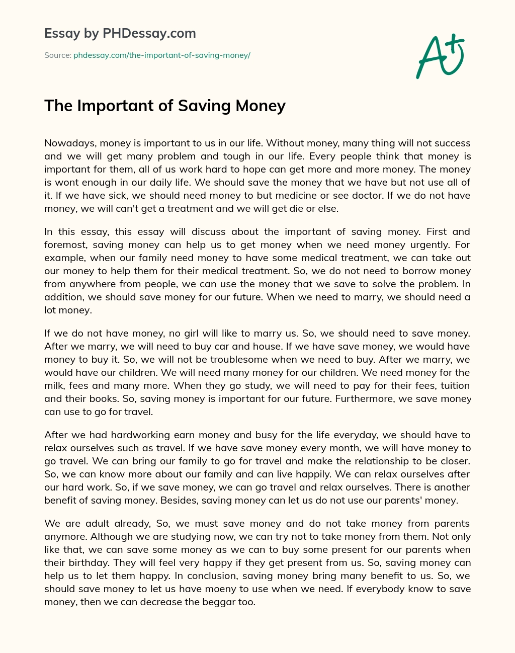The Important of Saving Money essay