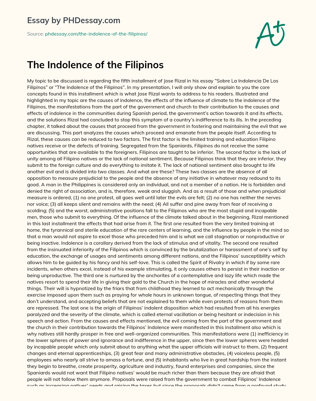 The Indolence of the Filipinos essay