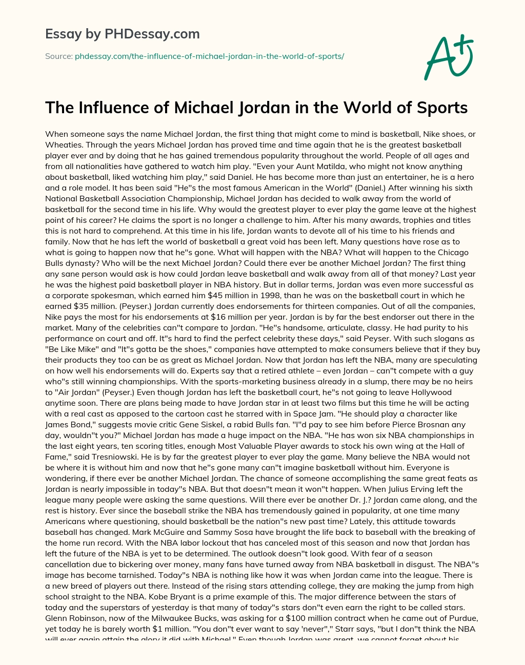 The Influence of Michael Jordan in the World of Sports essay