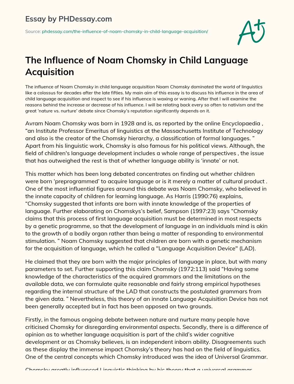 The Influence of Noam Chomsky in Child Language Acquisition essay