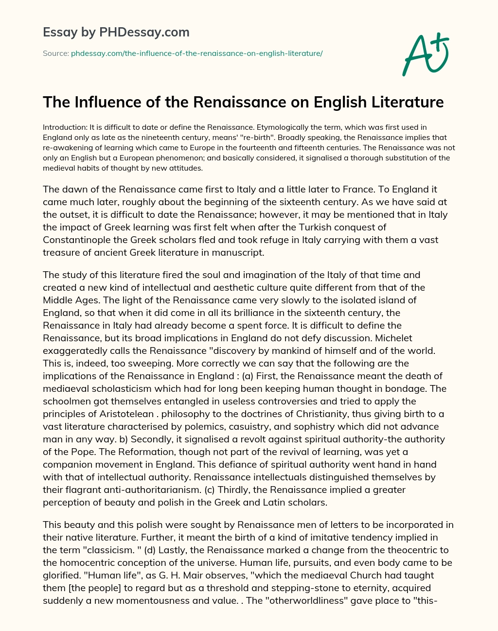 The Influence of the Renaissance on English Literature essay