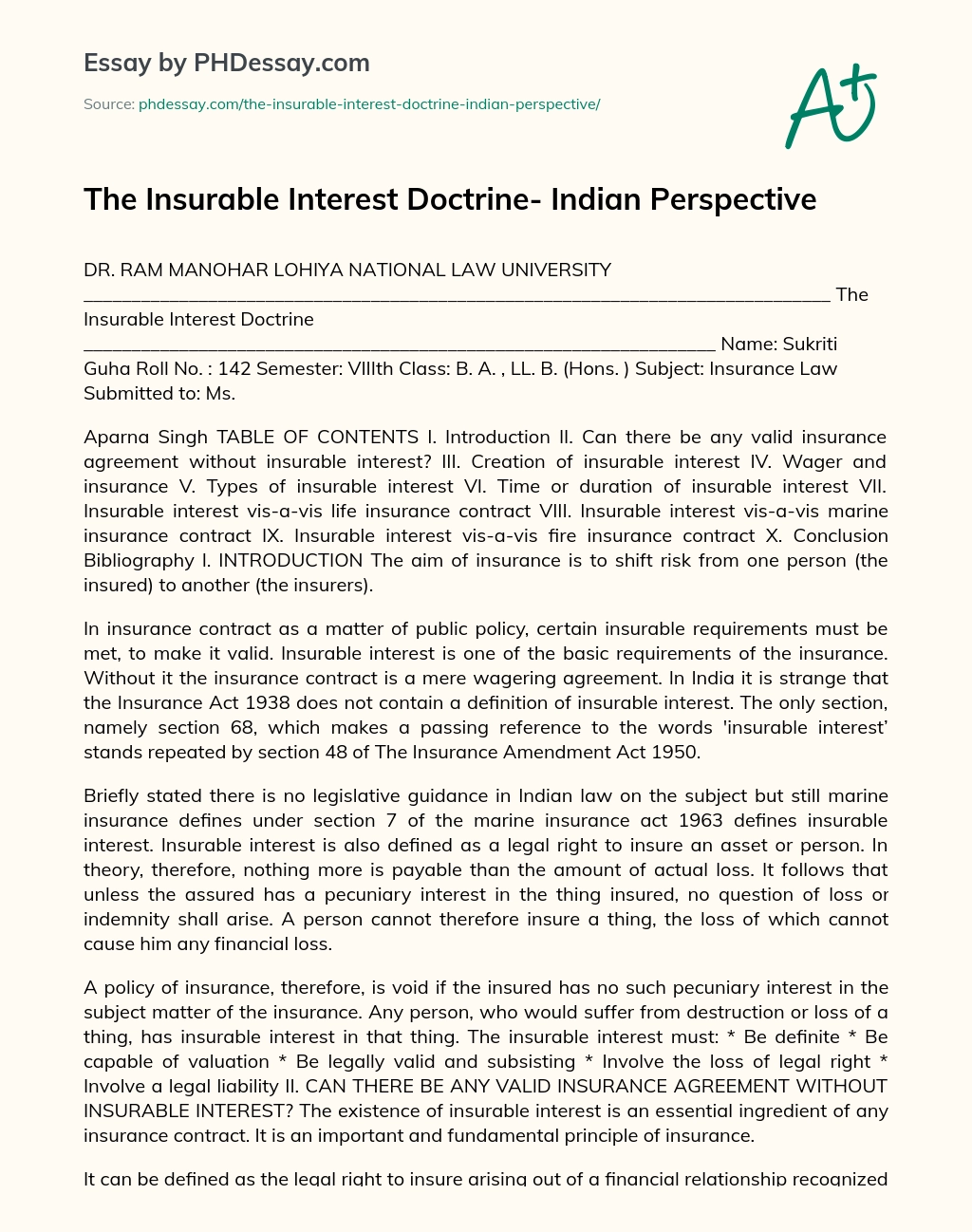 The Insurable Interest Doctrine- Indian Perspective essay