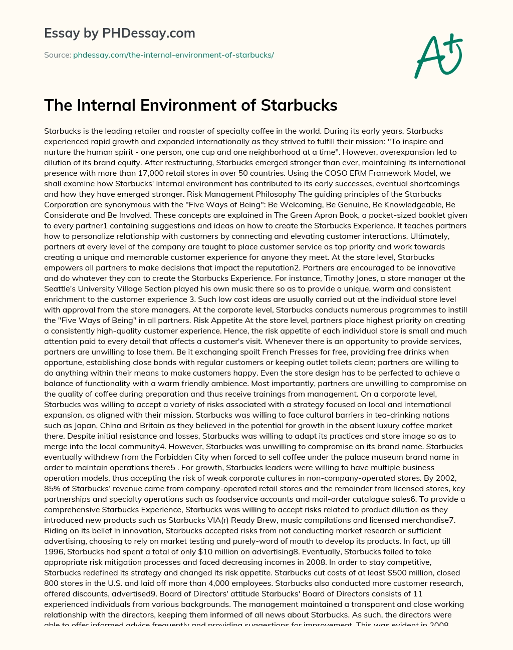 The Internal Environment of Starbucks essay