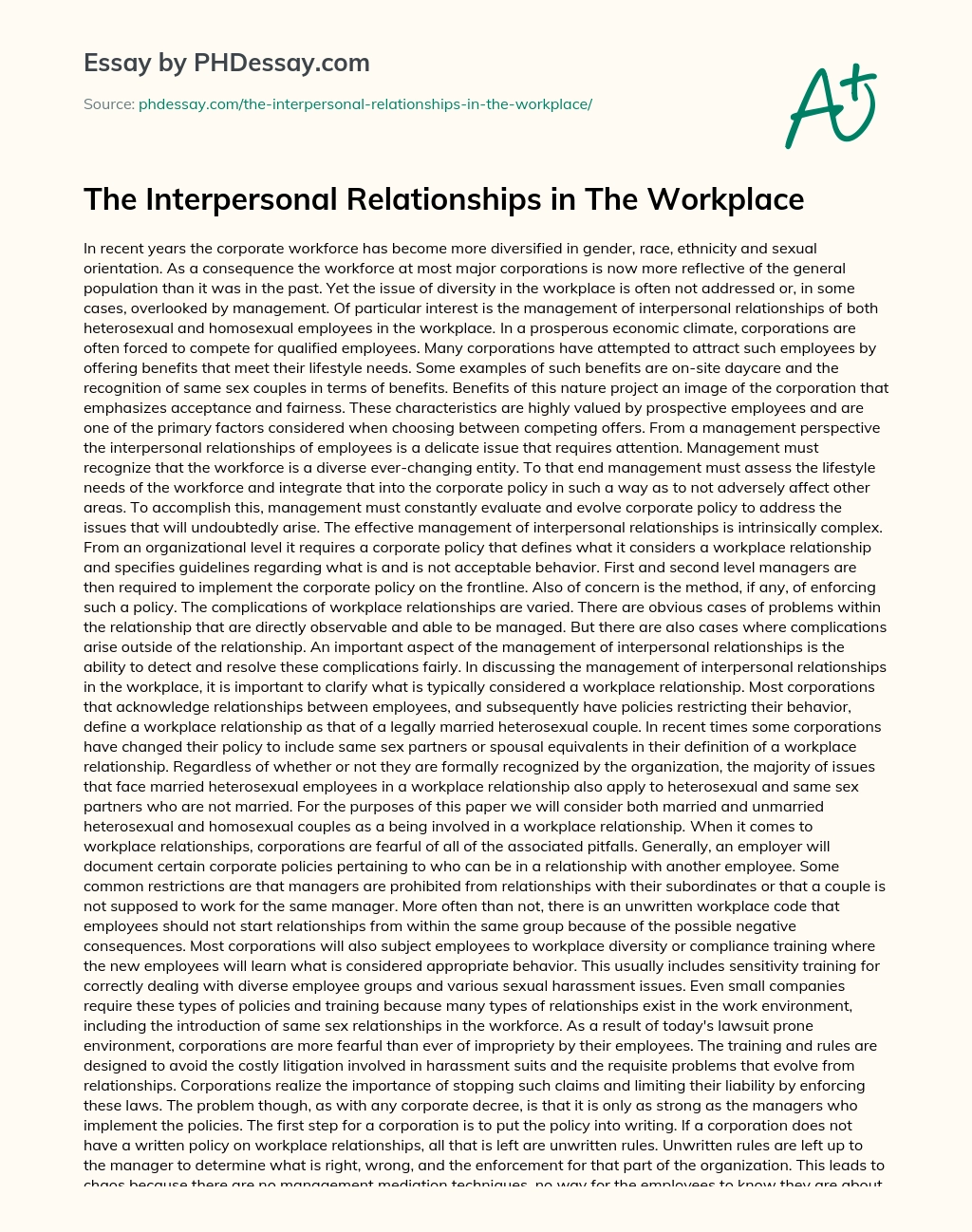 The Interpersonal Relationships in The Workplace essay