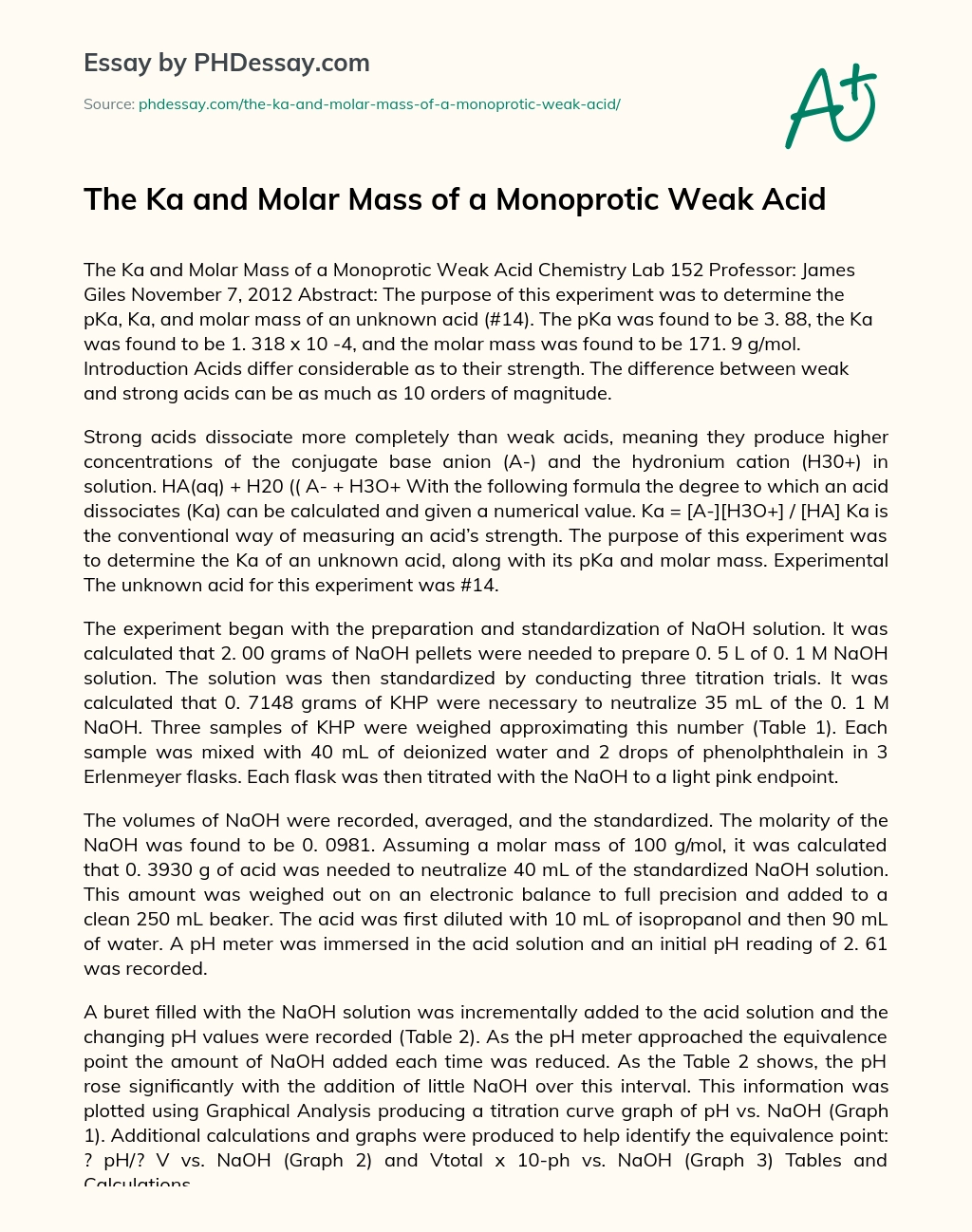The Ka and Molar Mass of a Monoprotic Weak Acid essay