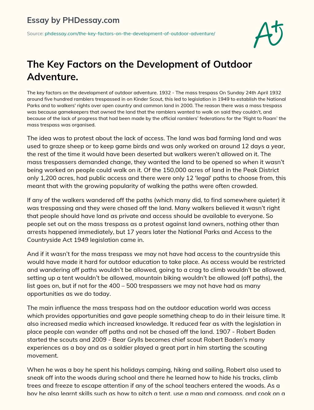 The Key Factors on the Development of Outdoor Adventure. essay