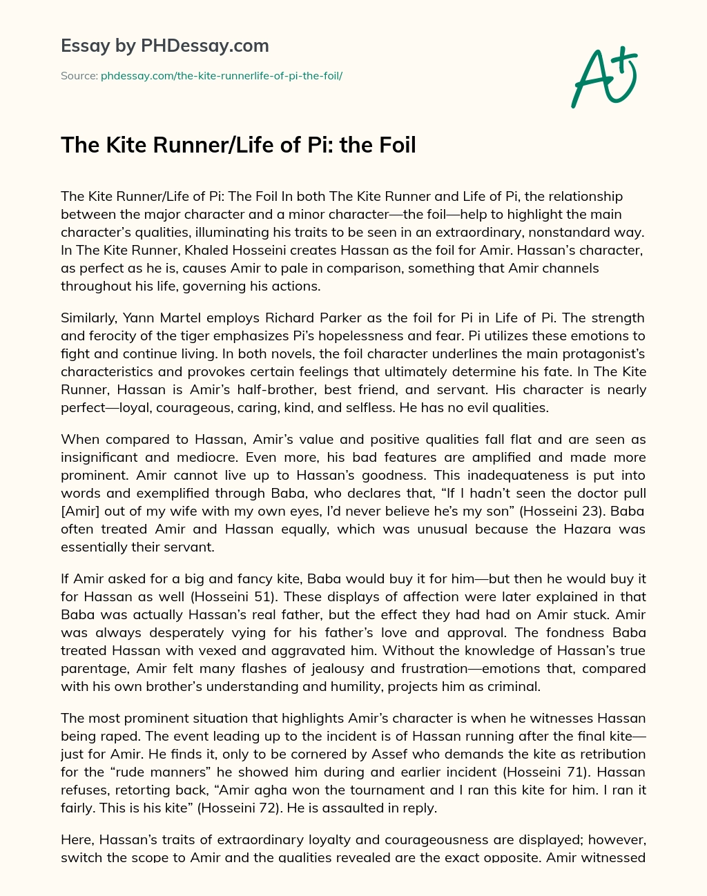 The Kite Runner/Life of Pi: the Foil essay