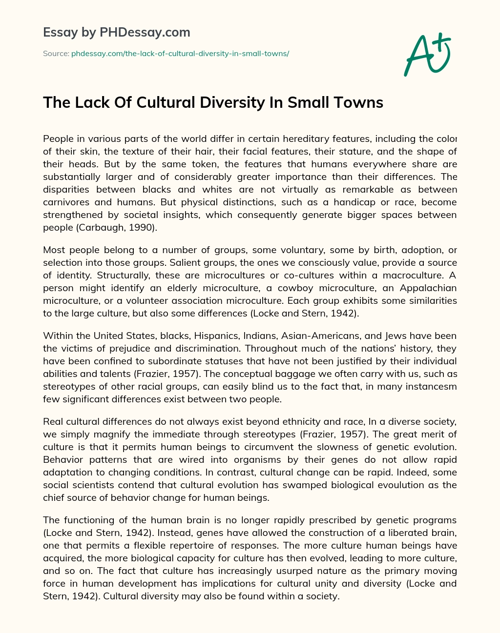 The Lack Of Cultural Diversity In Small Towns essay