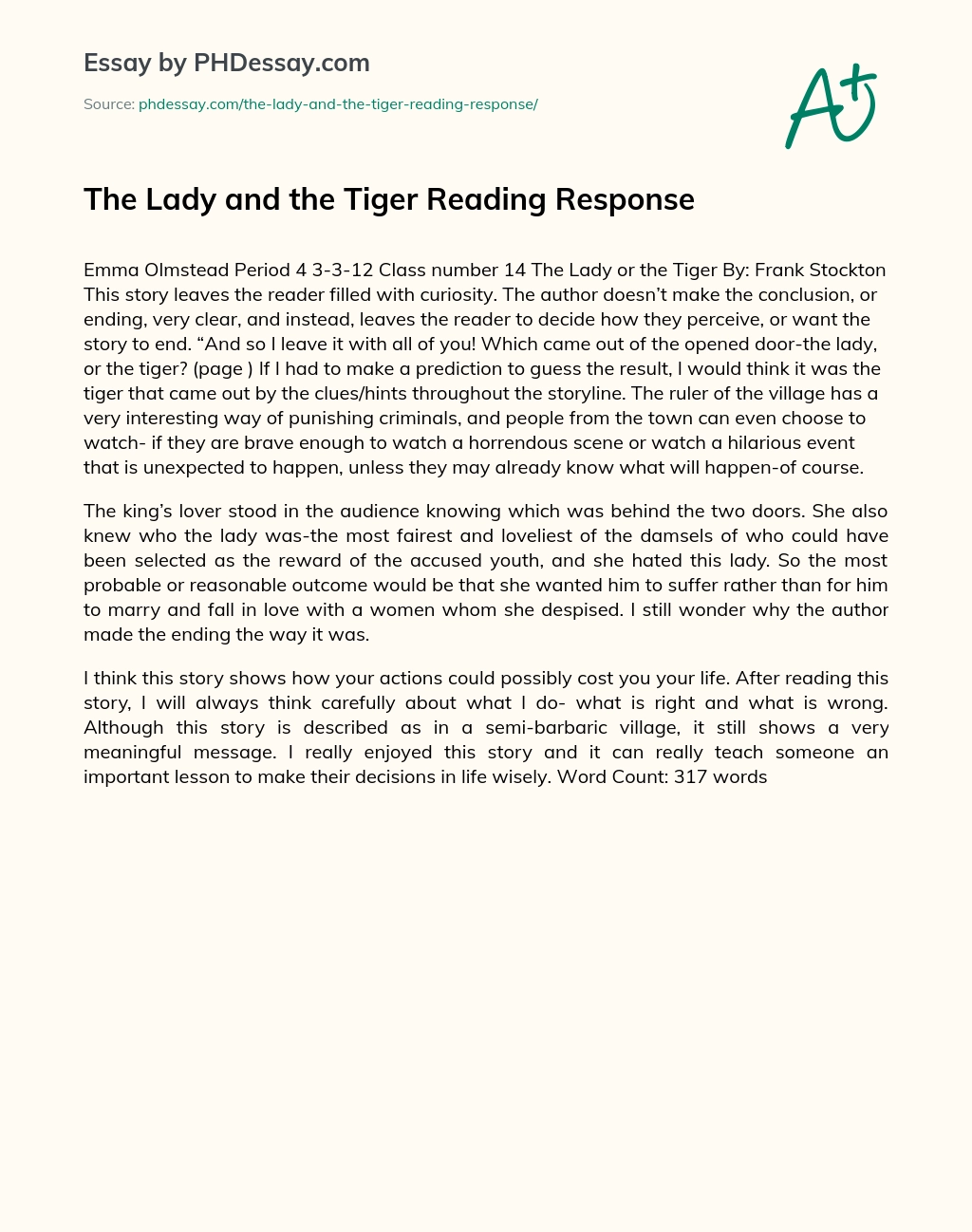The Lady and the Tiger Reading Response essay