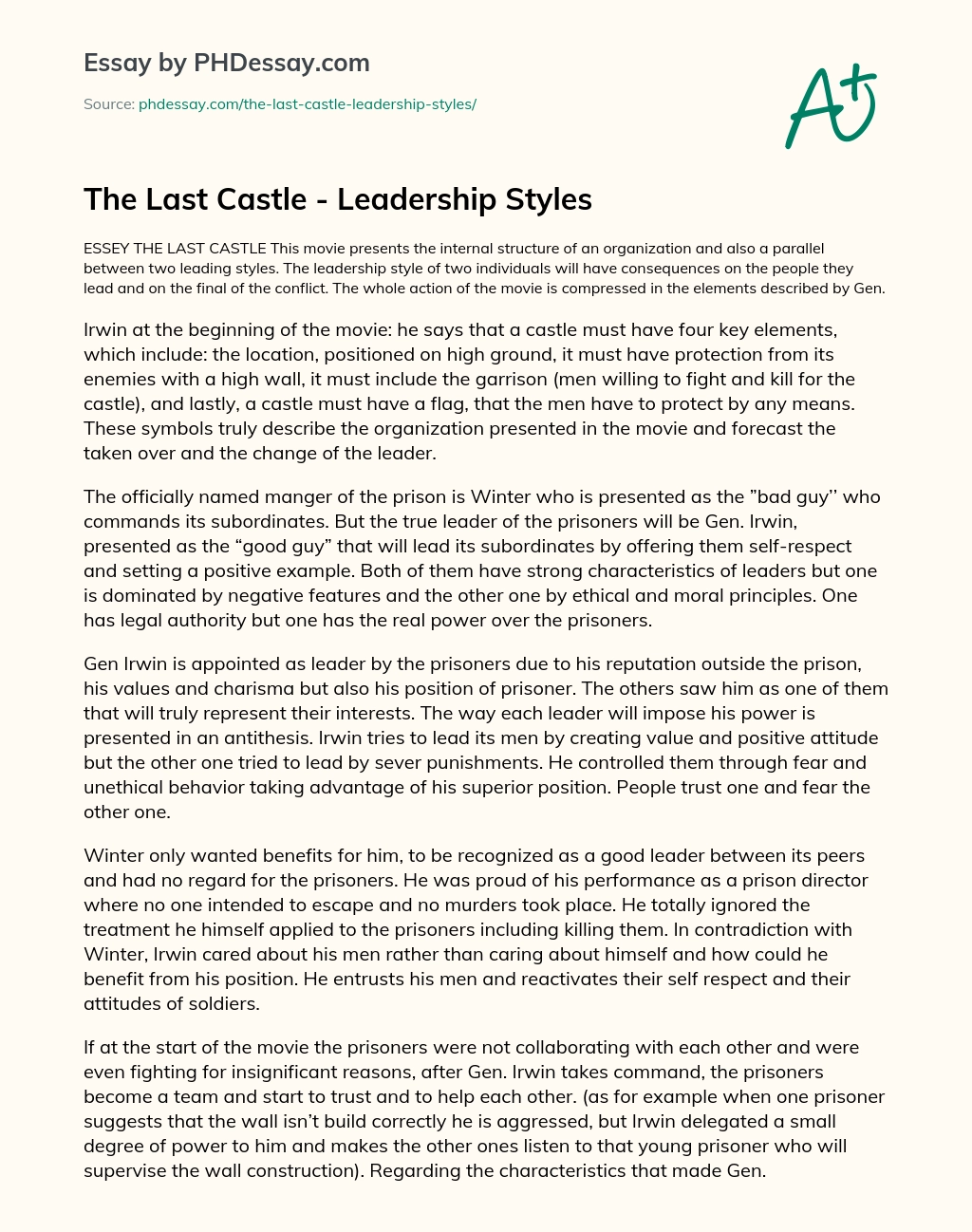 The Last Castle – Leadership Styles essay