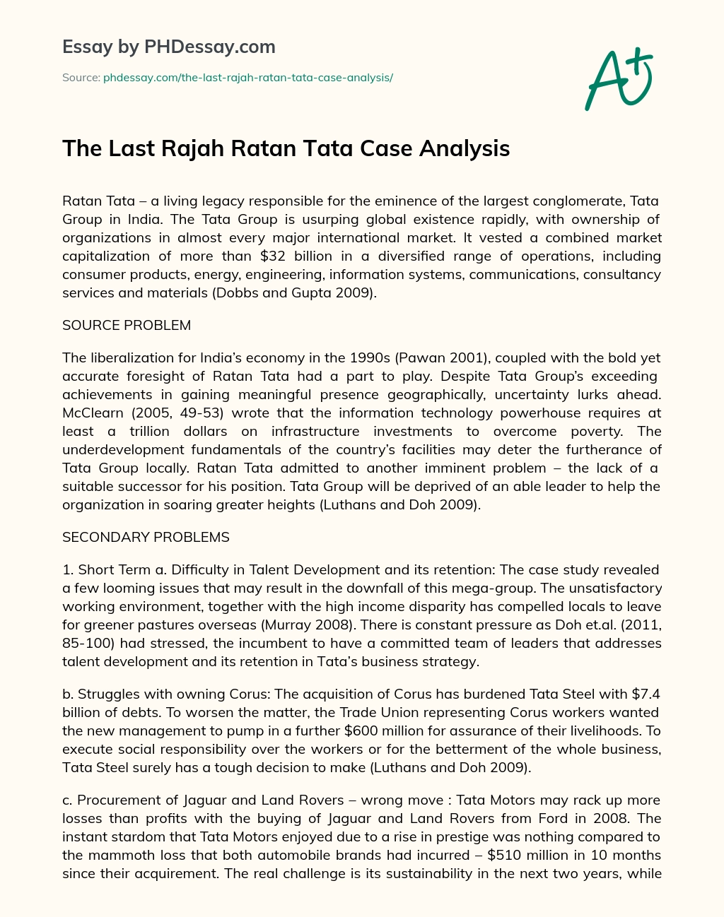 The Last Rajah Ratan Tata Case Analysis essay