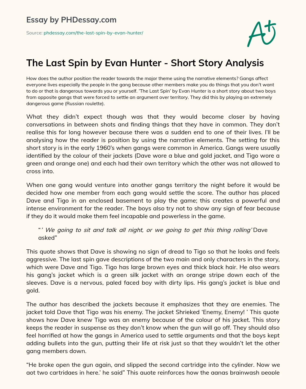 The Last Spin by Evan Hunter – Short Story Analysis essay