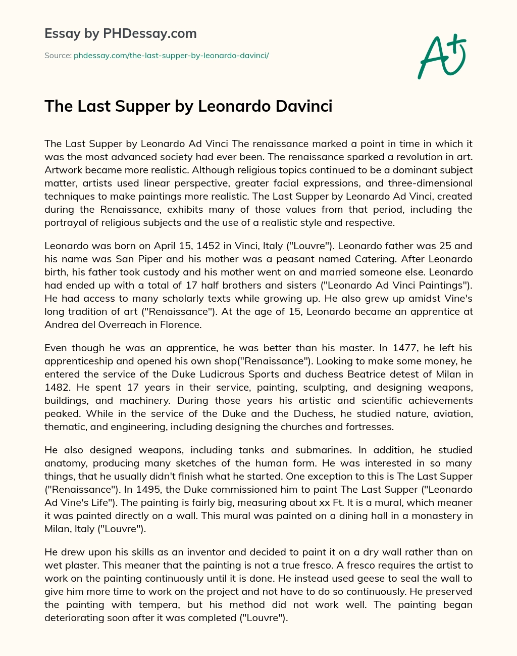 The Last Supper by Leonardo Davinci essay