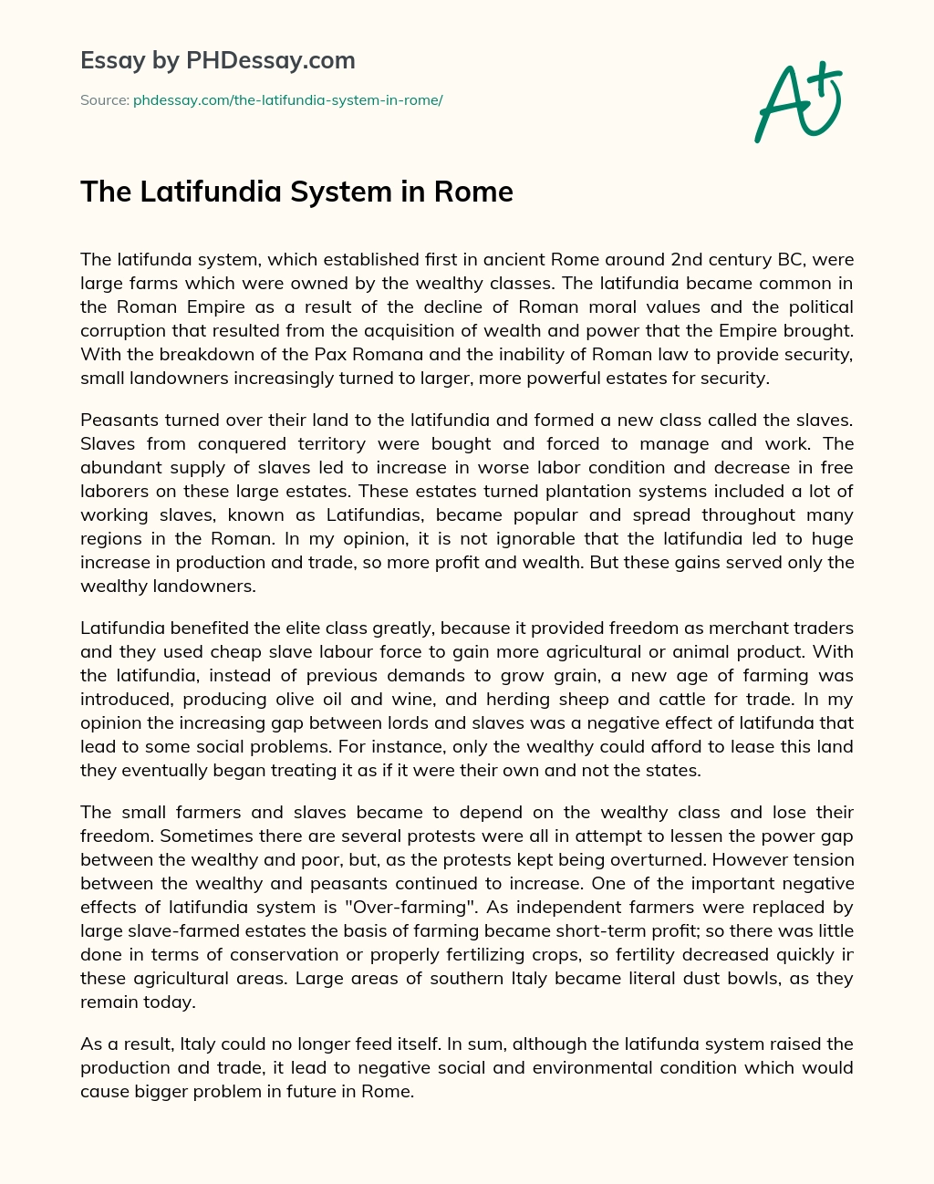The Latifundia System in Rome essay