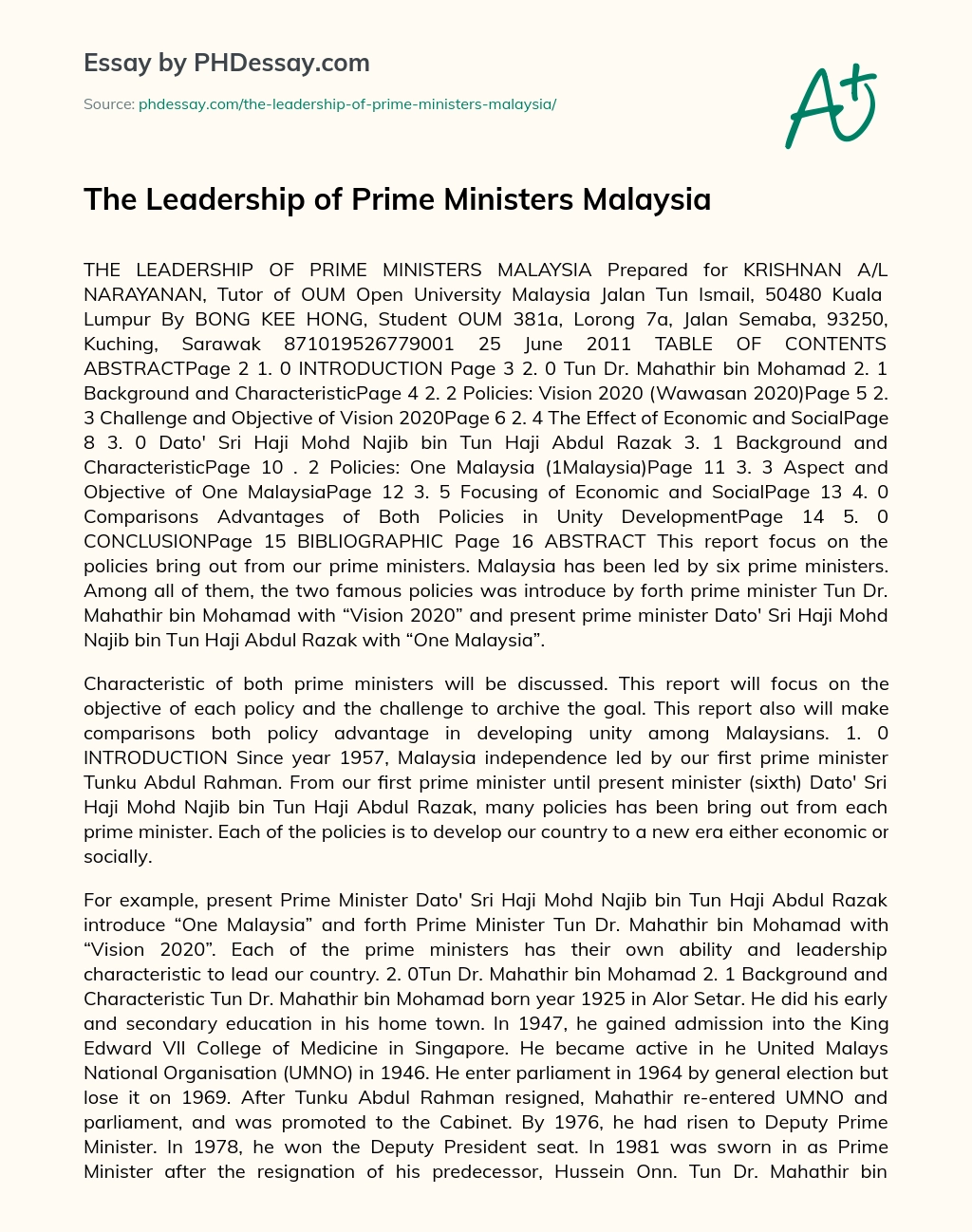 The Leadership of Prime Ministers Malaysia essay