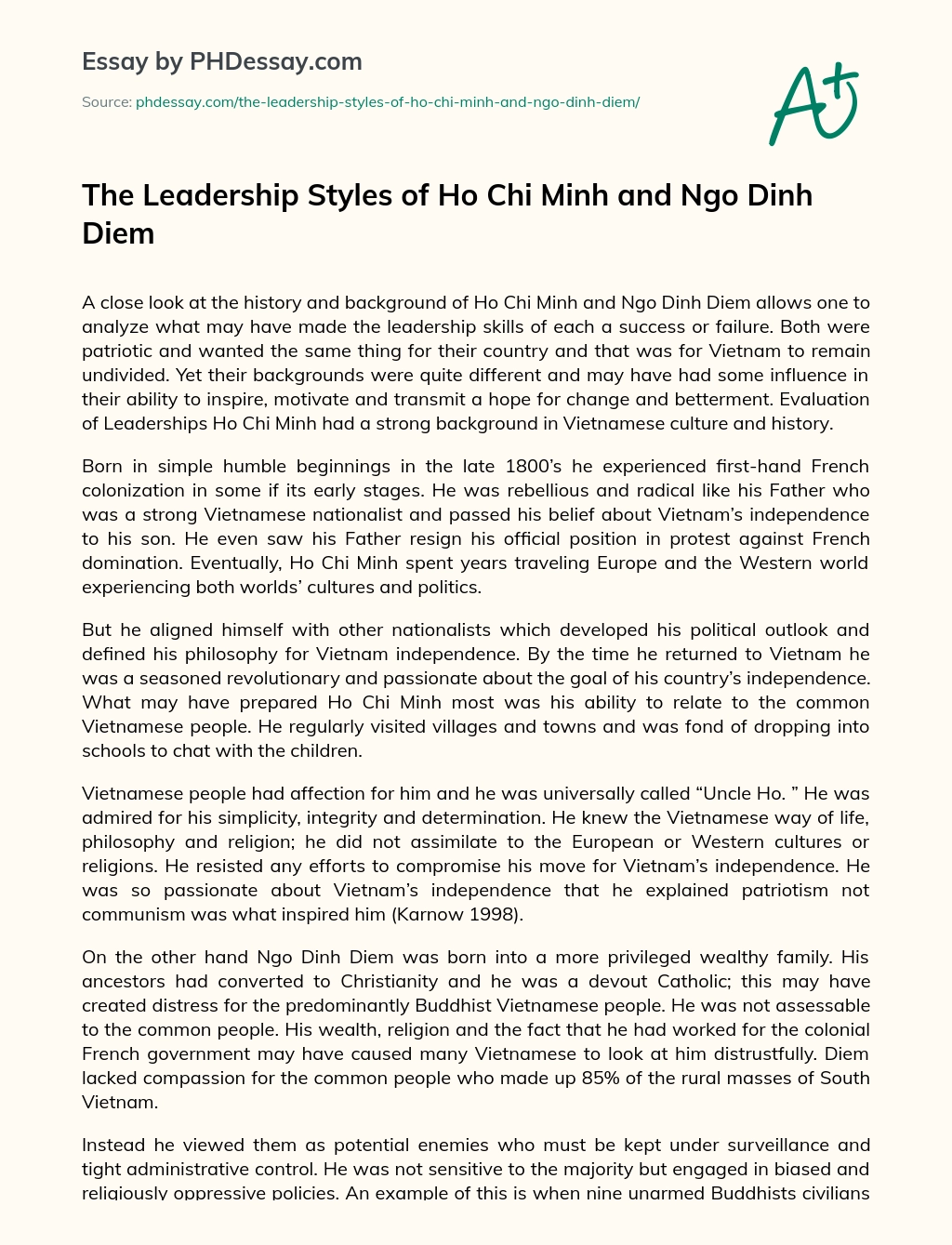 The Leadership Styles of Ho Chi Minh and Ngo Dinh Diem essay