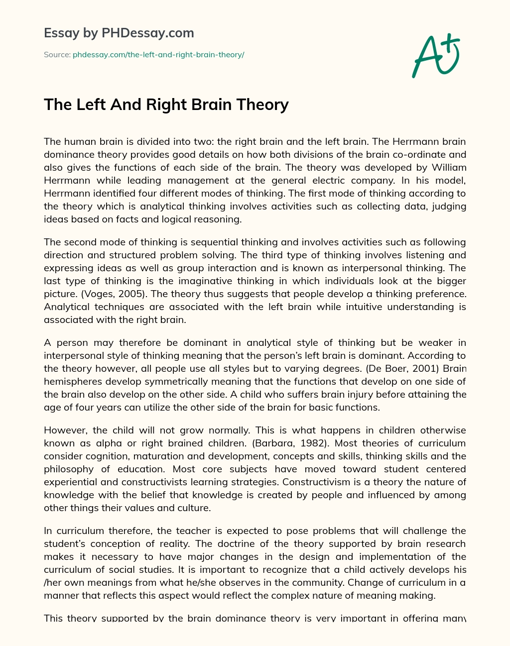 Реферат: Right And Left Brain Essay Research Paper