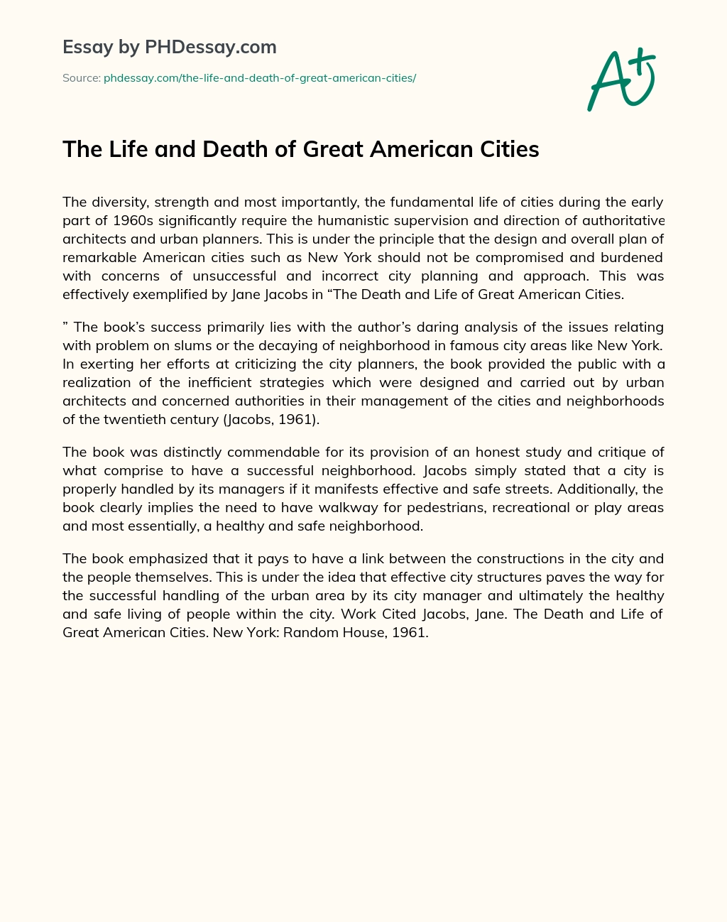 The Life and Death of Great American Cities essay