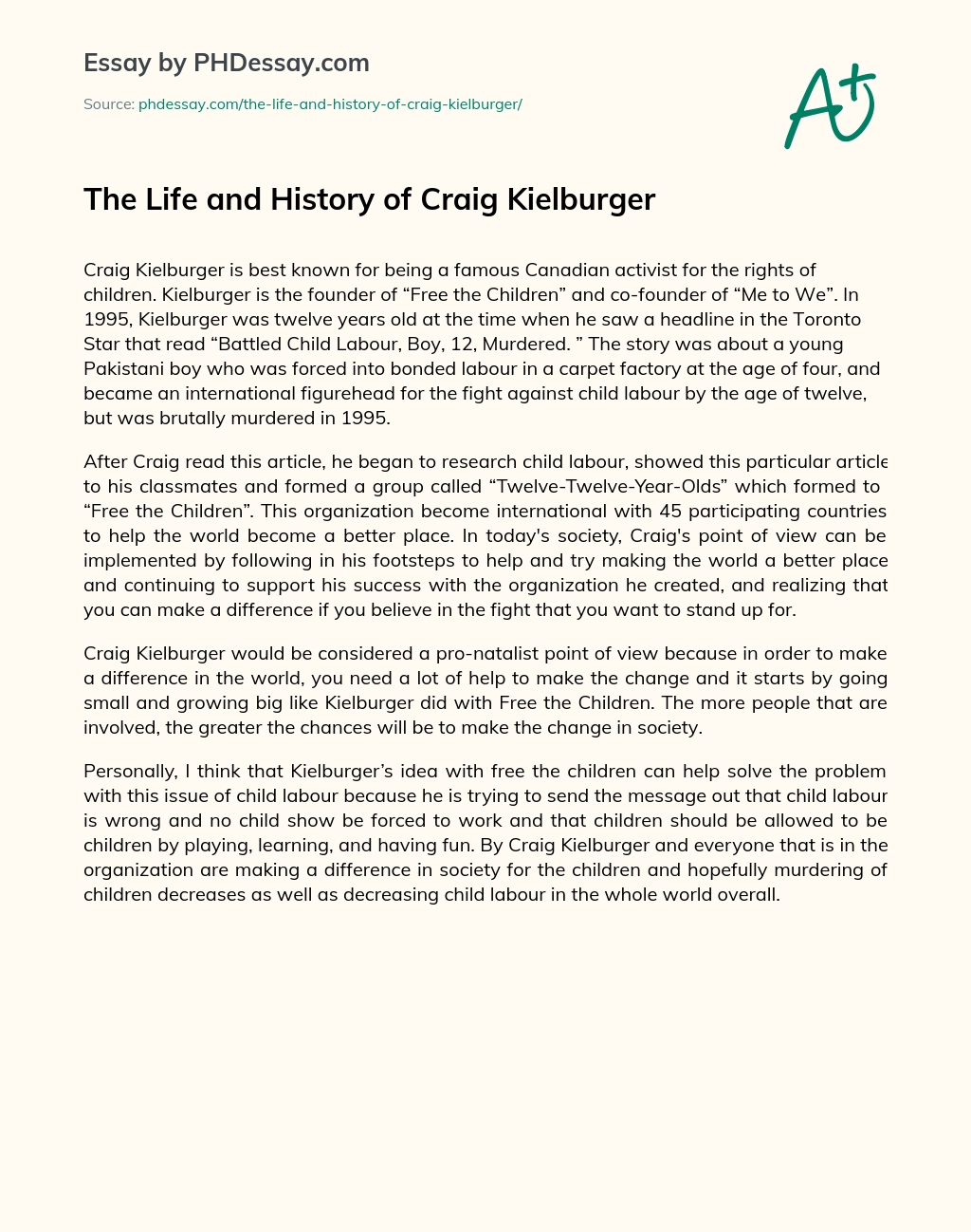 The Life and History of Craig Kielburger essay