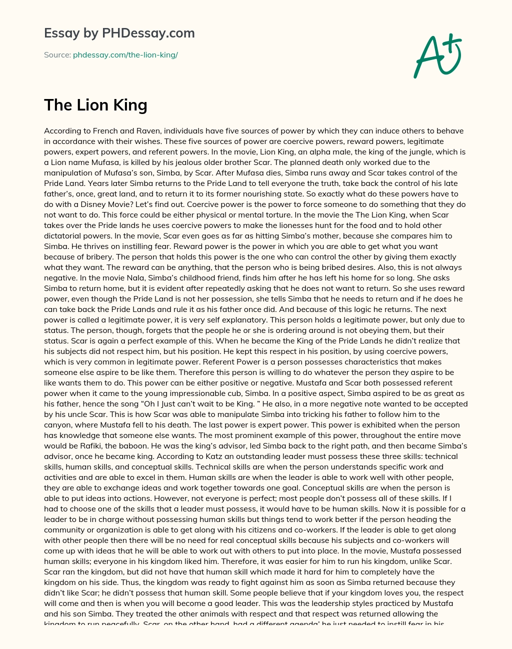 the lion king summary essay