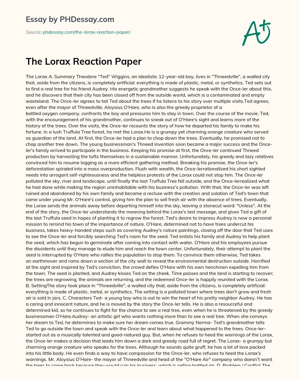 The Lorax Reaction Paper essay