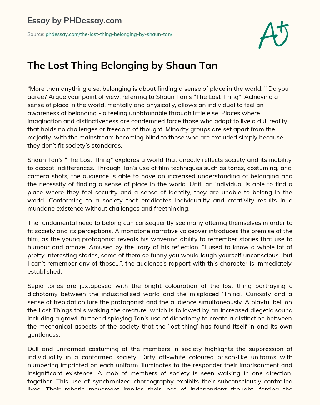 The Lost Thing Belonging by Shaun Tan essay