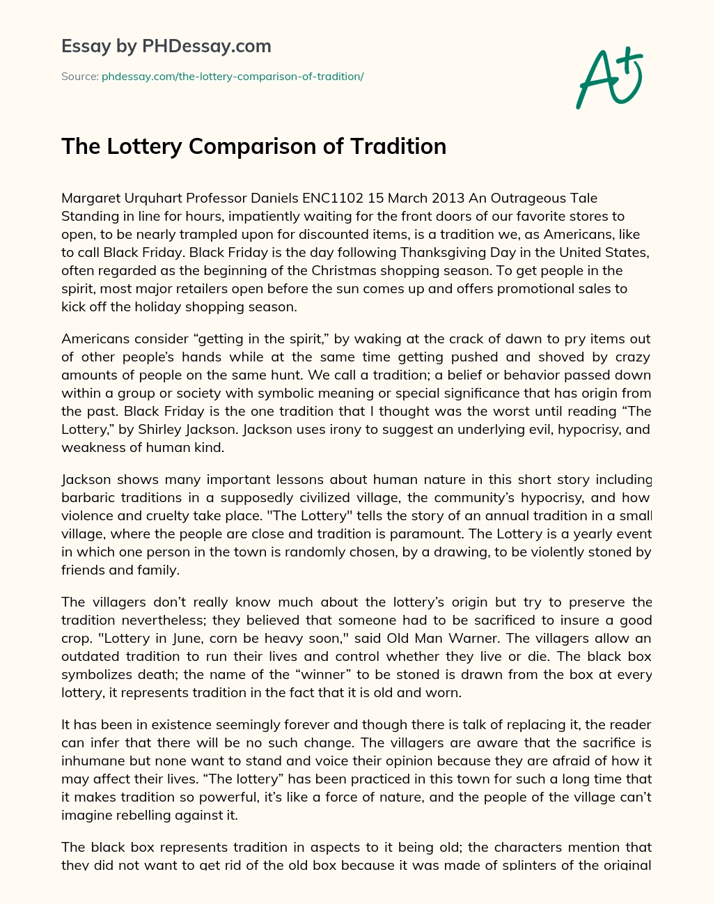 The Lottery Comparison of Tradition essay