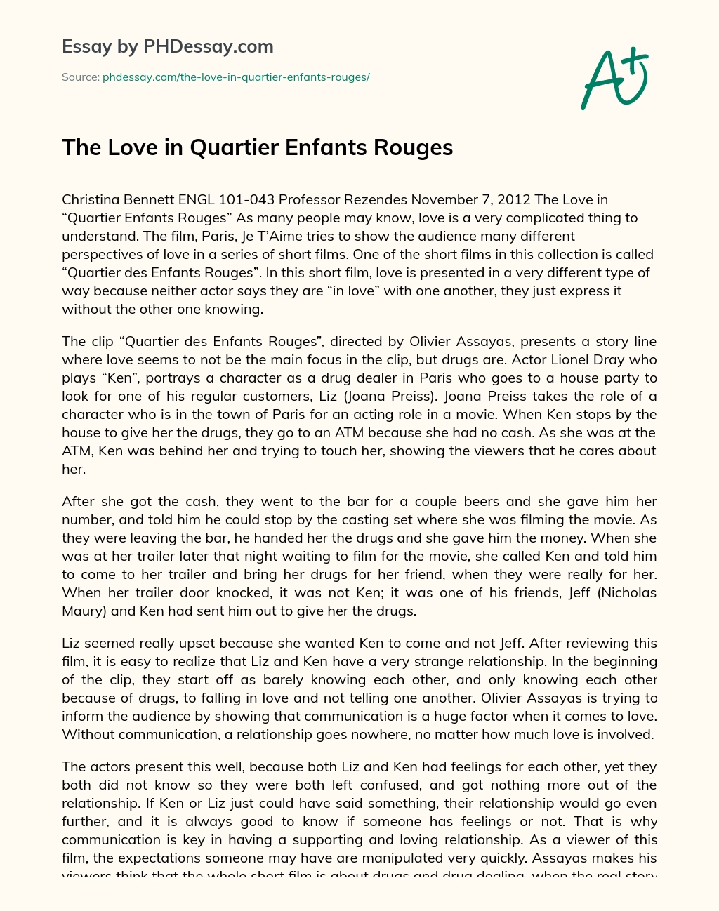 The Love in Quartier Enfants Rouges essay