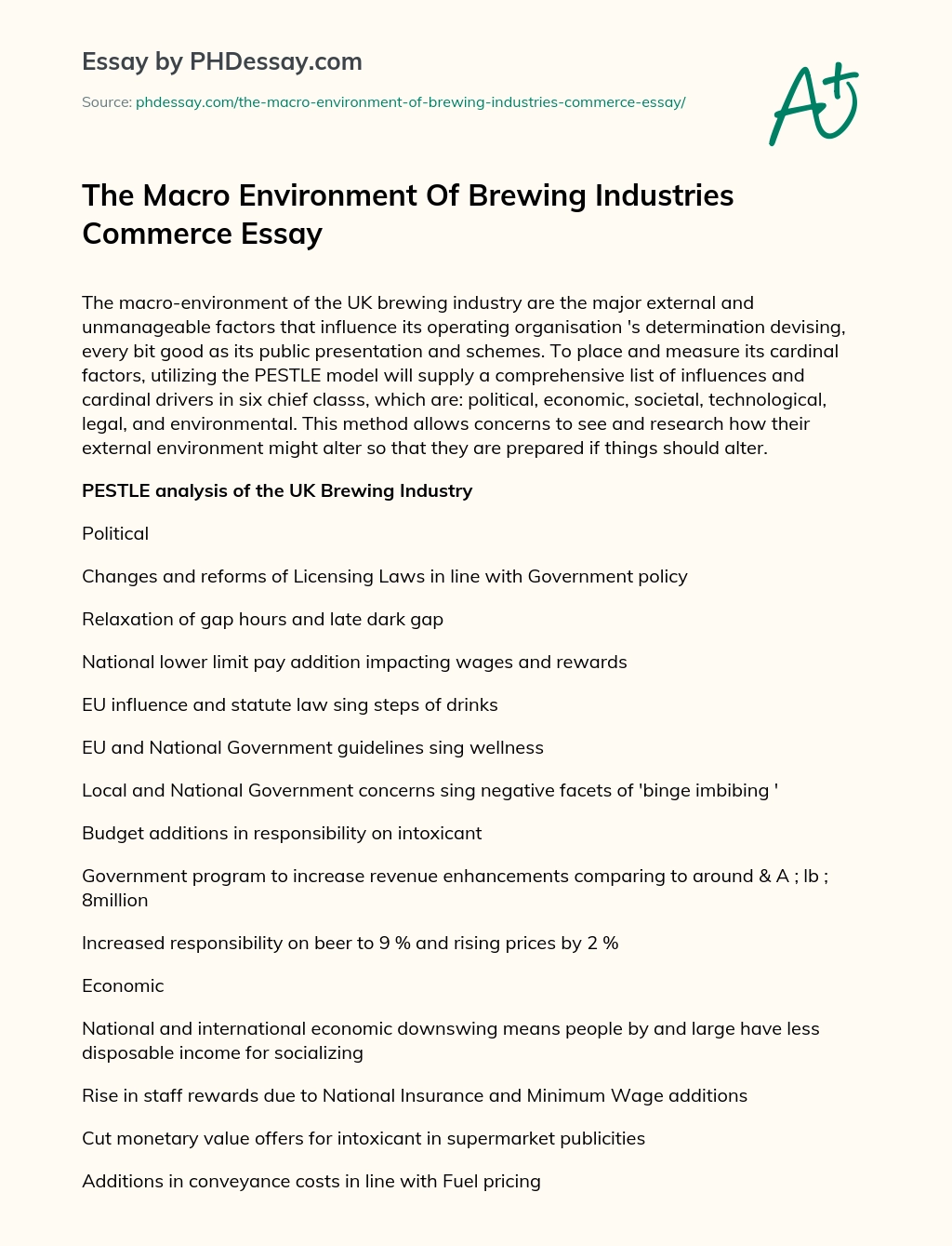 The Macro Environment Of Brewing Industries Commerce Essay essay