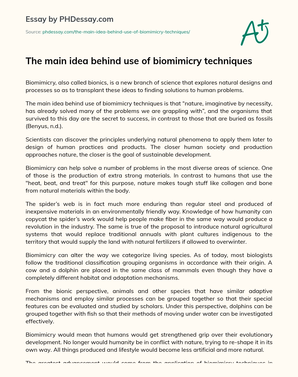 The main idea behind use of biomimicry techniques essay