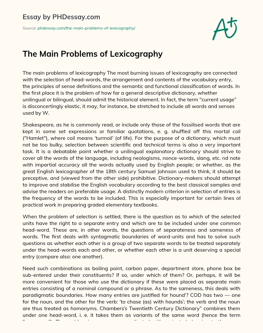 The Main Problems of Lexicography essay