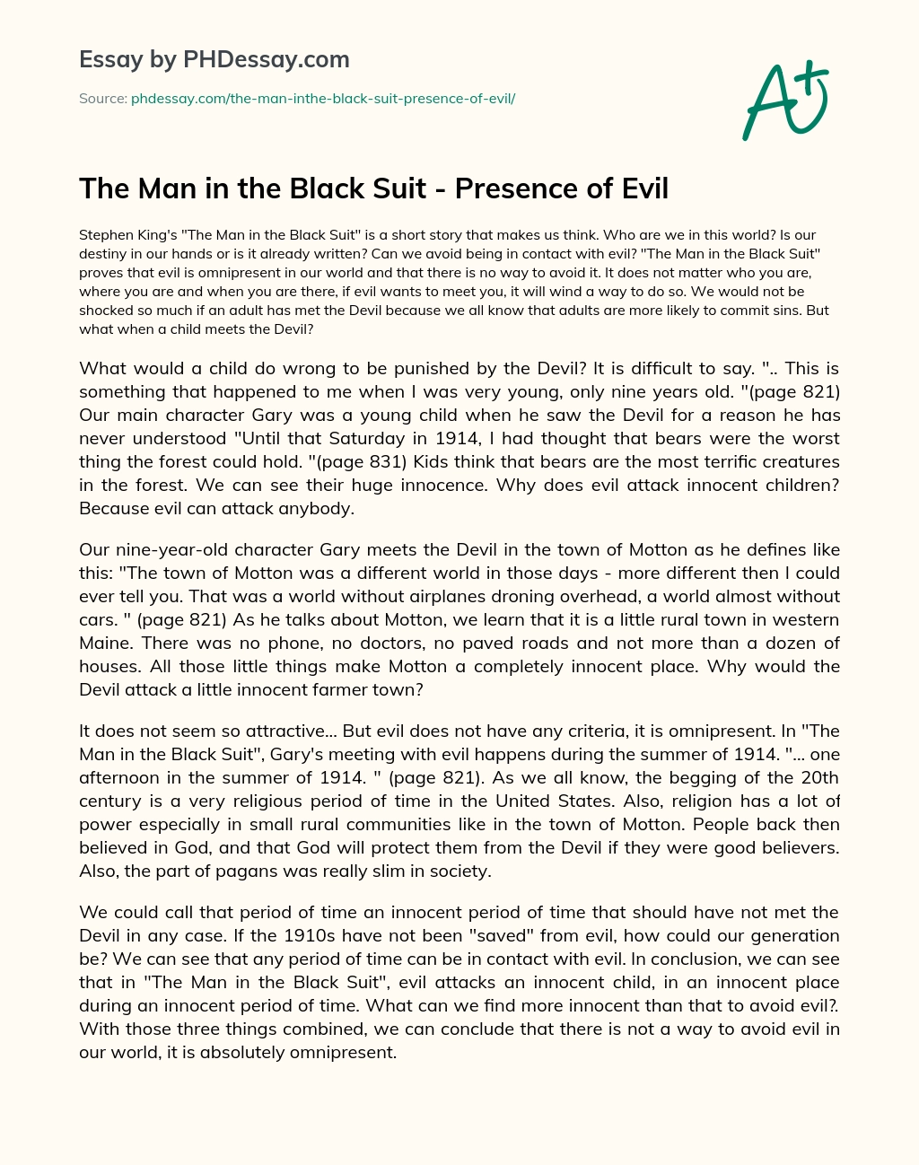 The Man in the Black Suit – Presence of Evil essay