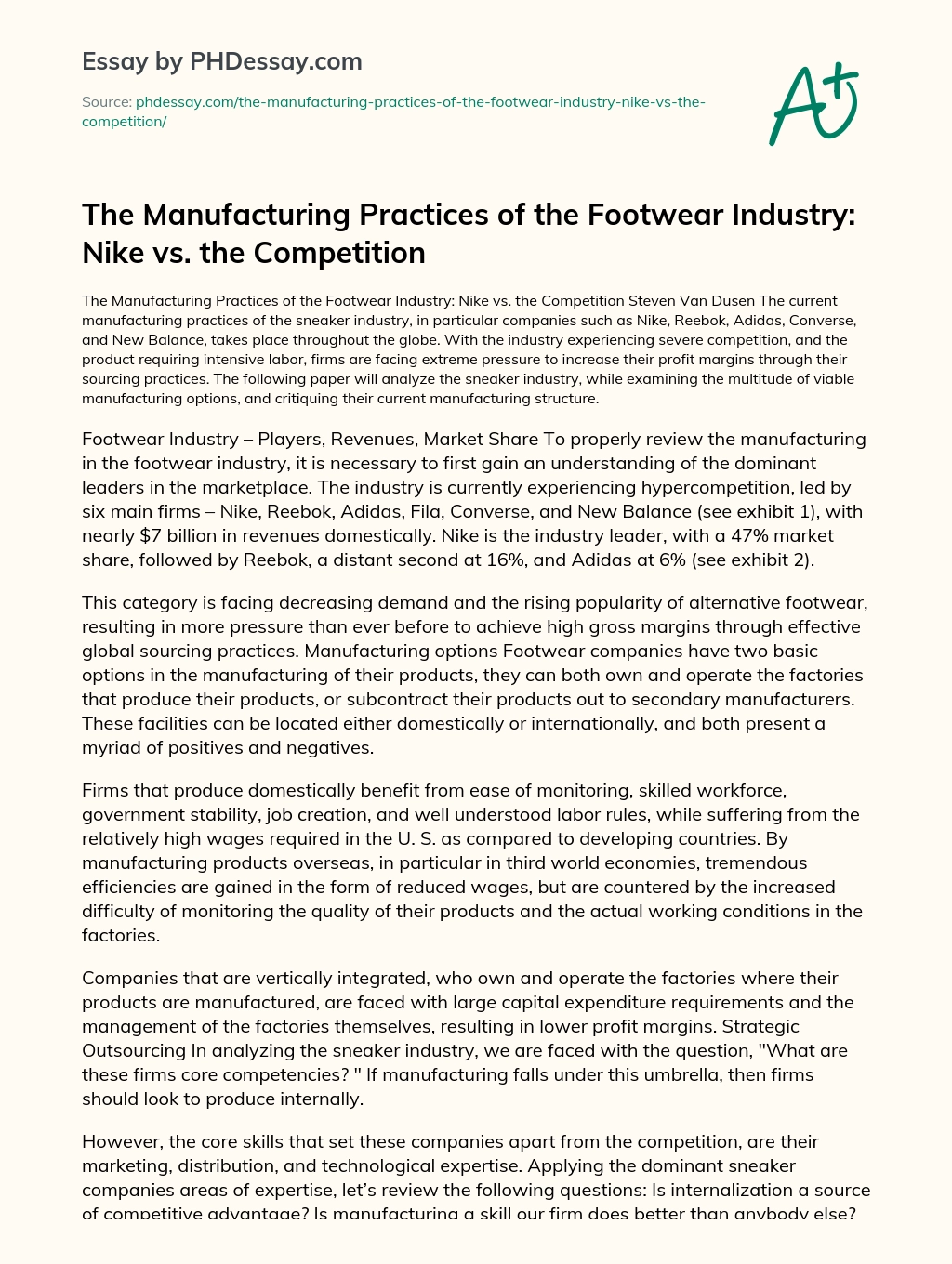The Manufacturing Practices of the Footwear Industry: Nike vs. the Competition essay