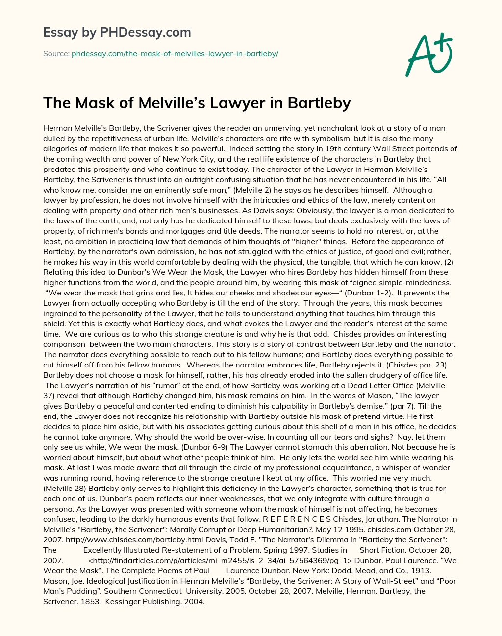 The Mask of Melville’s Lawyer in Bartleby essay