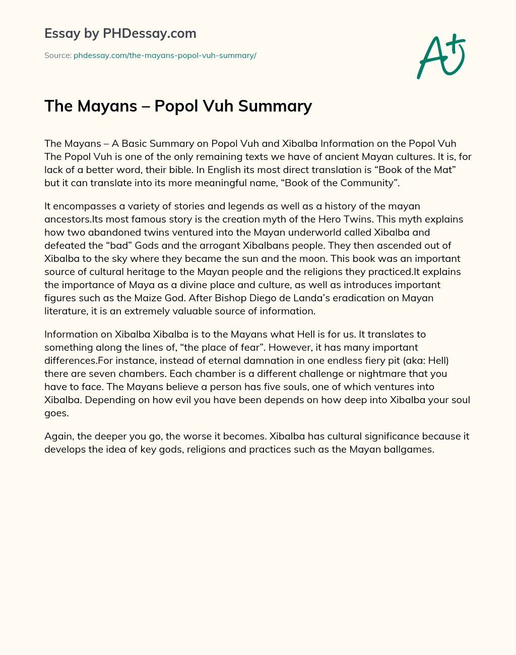 The Mayans – Popol Vuh Summary essay