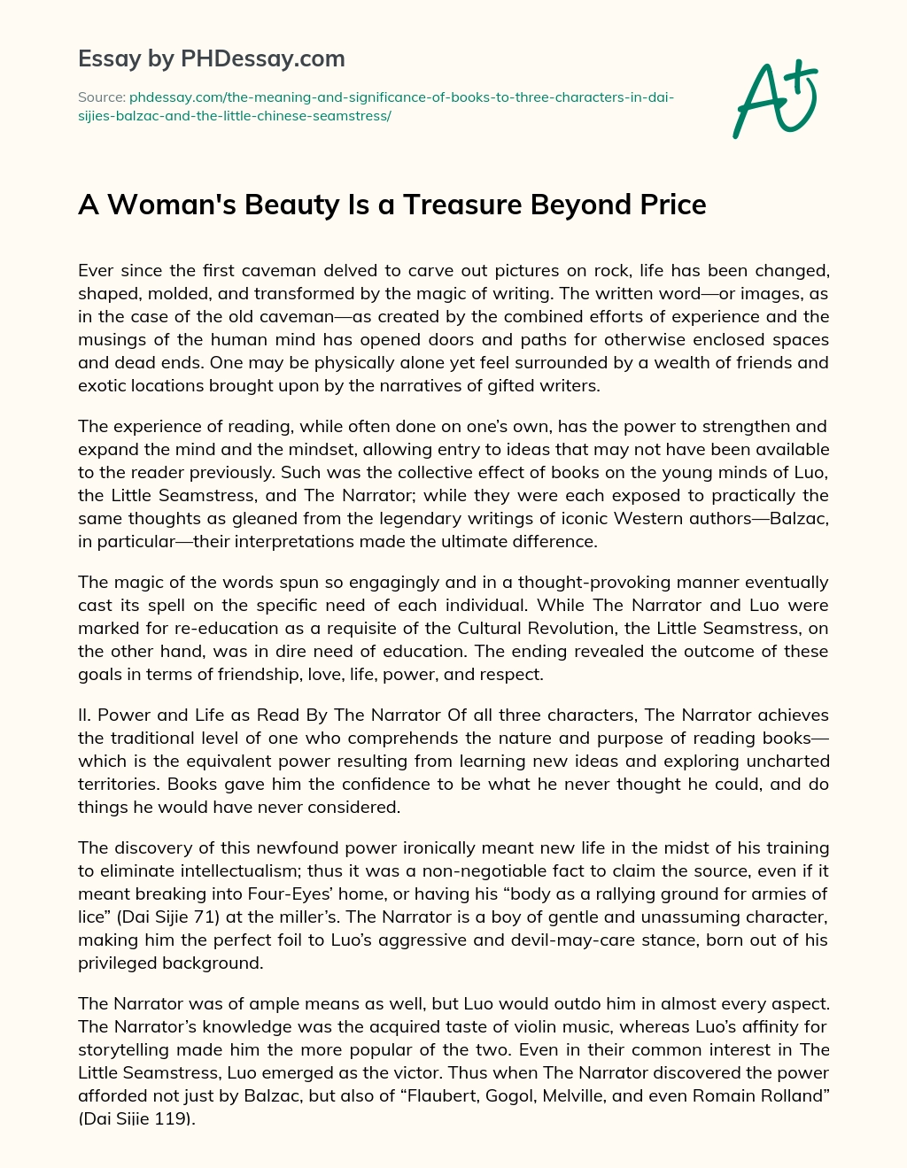 A Woman’s Beauty Is a Treasure Beyond Price essay