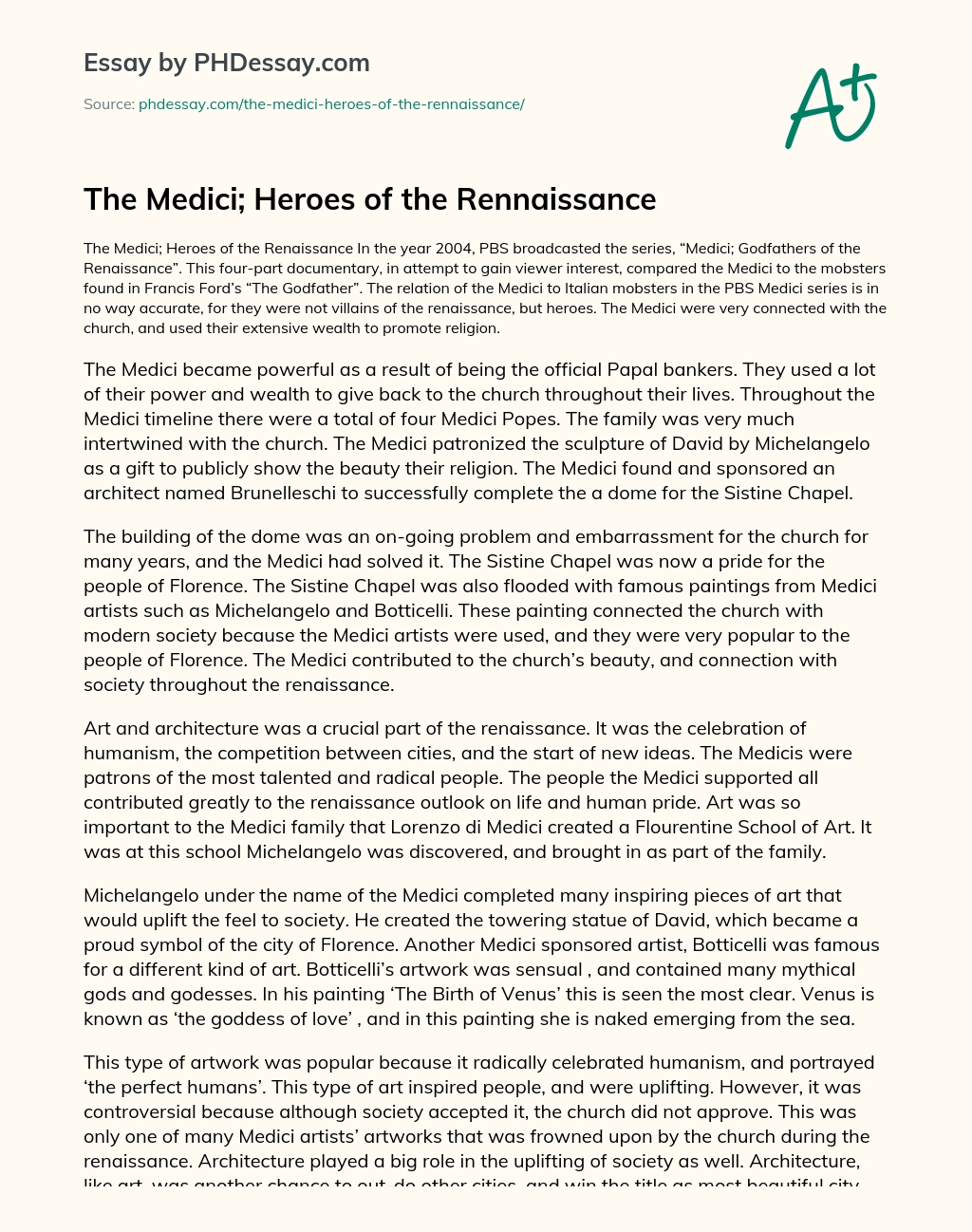 The Medici; Heroes of the Rennaissance essay