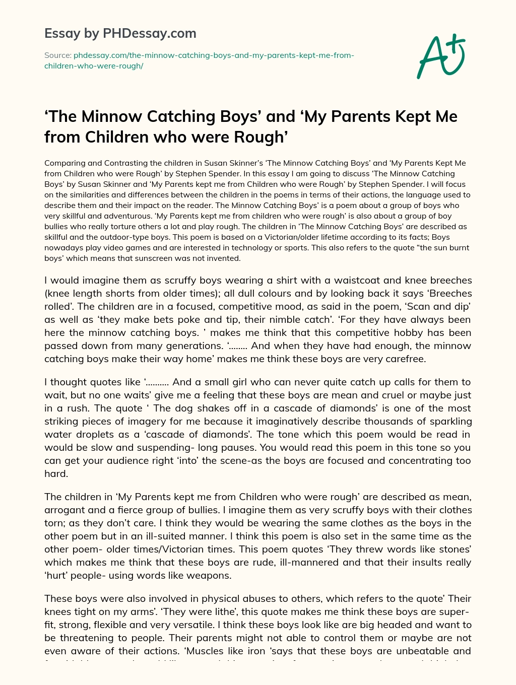 The Minnow Catching Boys and My Parents Kept Me from Children who were Rough essay