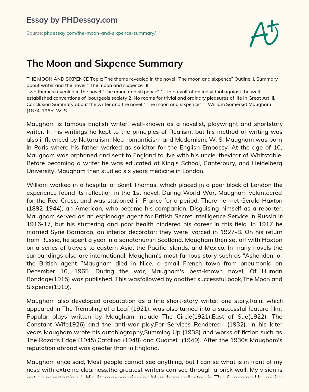 The Moon and Sixpence Summary essay