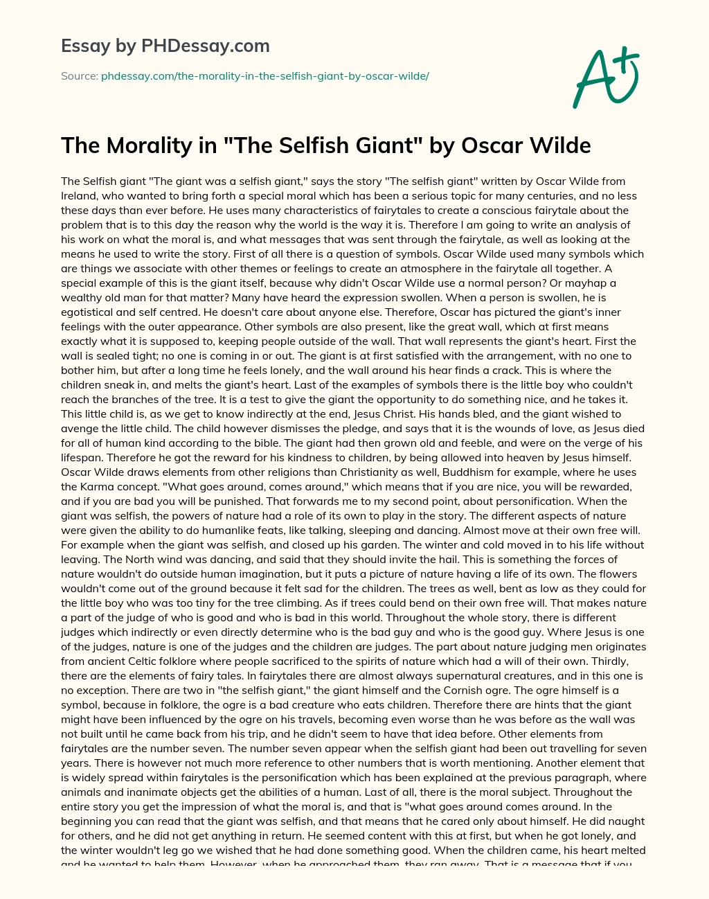The Morality in The Selfish Giant by Oscar Wilde essay