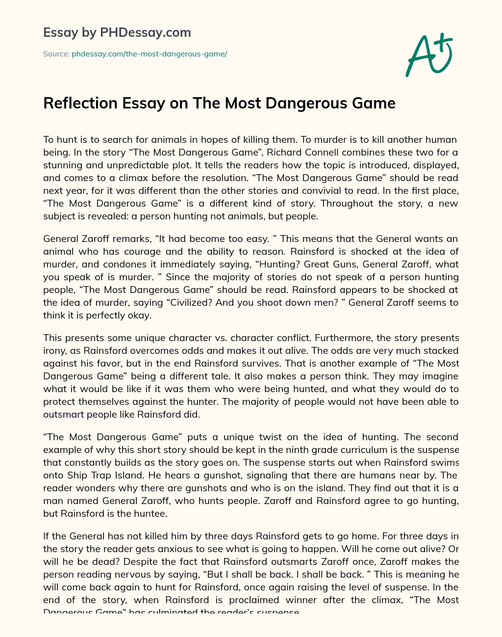 Reflection Essay on The Most Dangerous Game essay