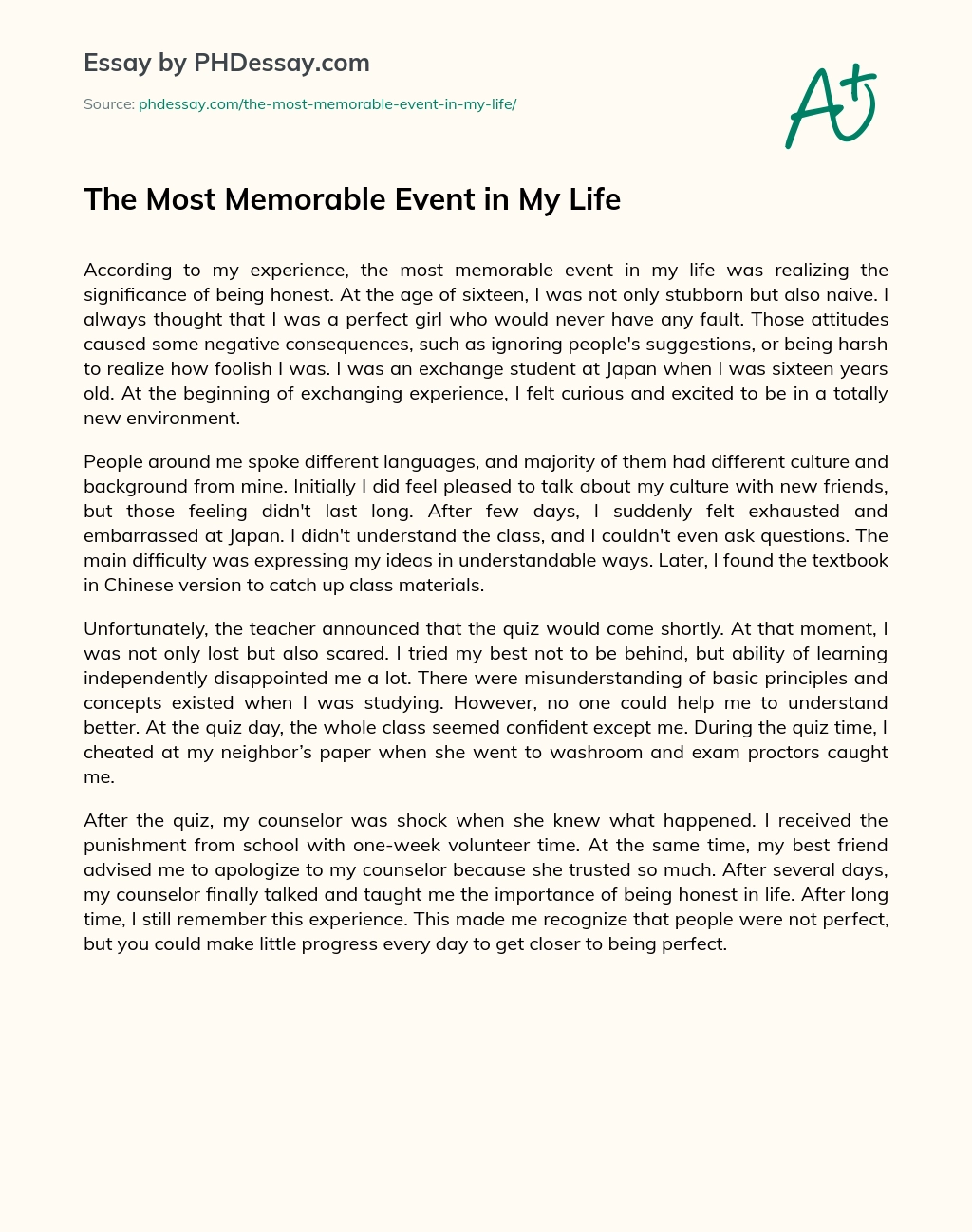 The Most Memorable Event in My Life essay