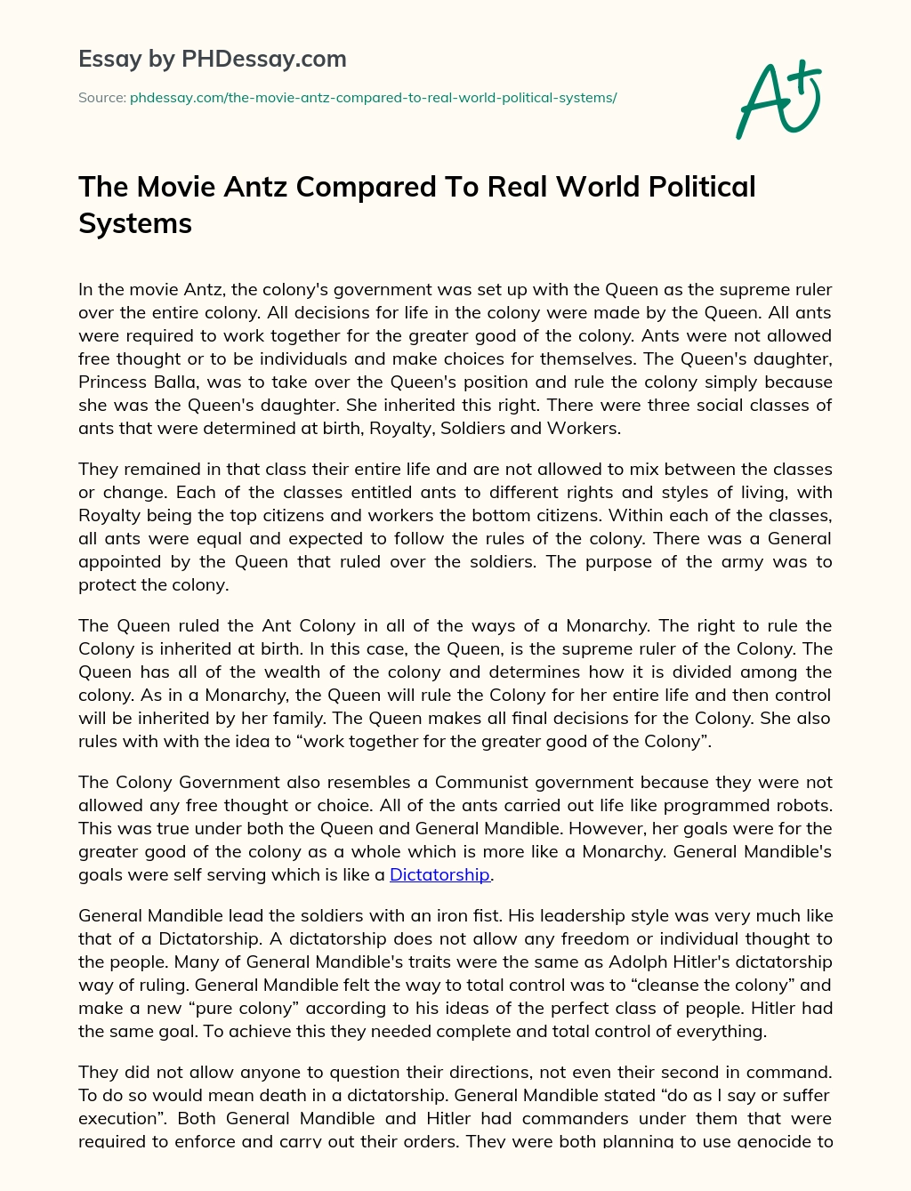 The Movie Antz Compared To Real World Political Systems essay