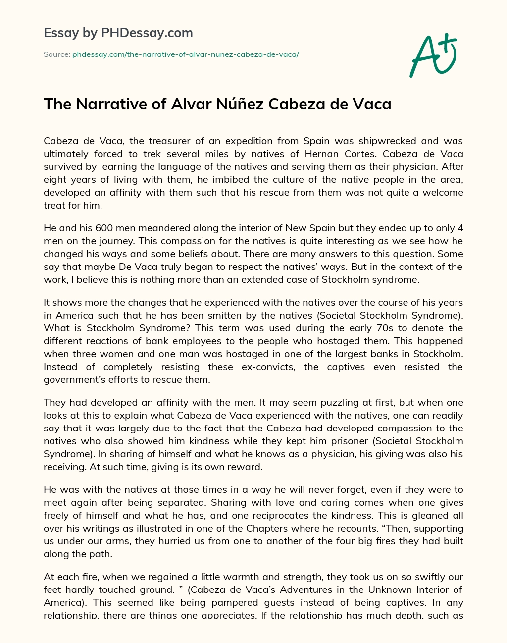 The Narrative of Alvar Núñez Cabeza de Vaca essay