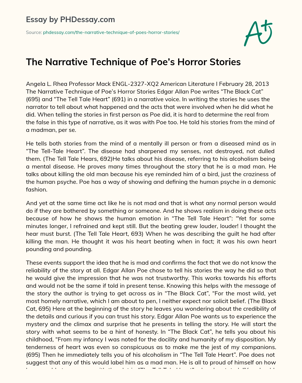 The Narrative Technique of Poe’s Horror Stories essay