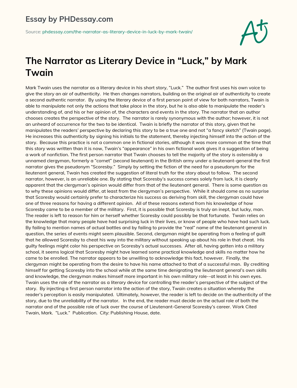 The Narrator as Literary Device in “Luck,” by Mark Twain essay