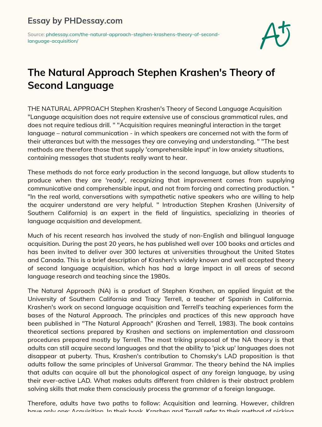 The Natural Approach Stephen Krashen’s Theory of Second Language essay